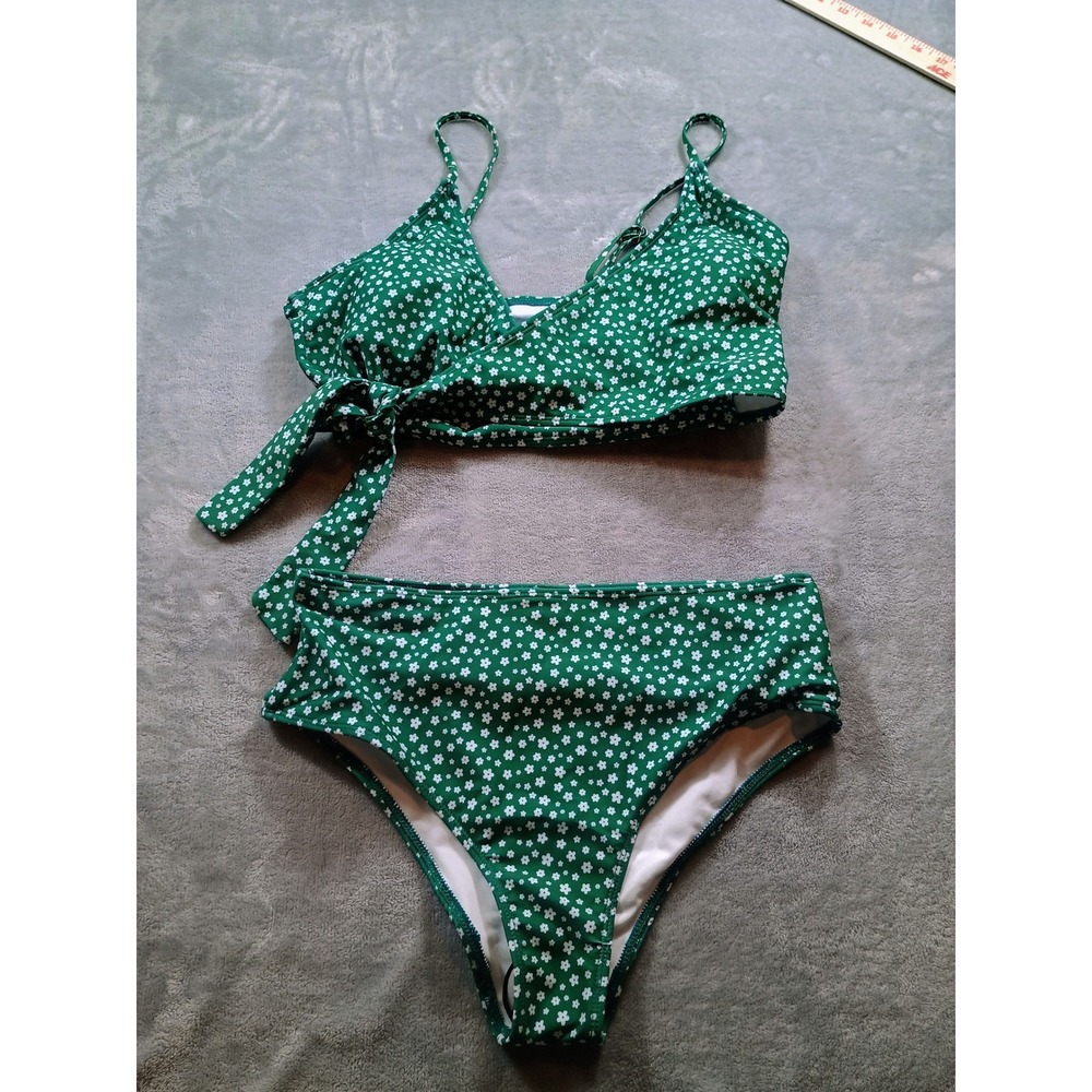 Shein Women Bikini Set Green Floral Large High Waisted Tie Front Swimsuit